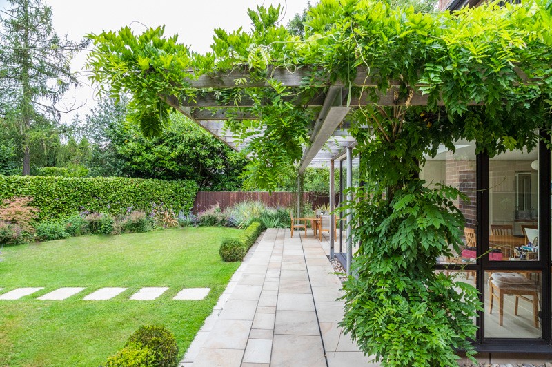 Contemporary View, Chelmsford Essex. Design and Build Cube 1994 Ltd. Pergola, Climbers, Box Hedging, woodland planting